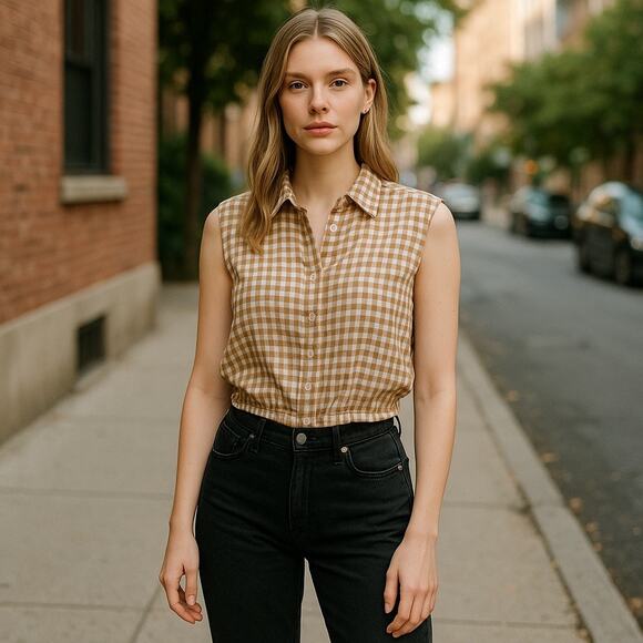 Women’s Anthropologie Maeve Gingham Sleeveless Blouse Shoulder pads X Small - Picture 1 of 6